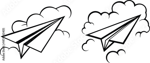 Two paper airplanes flying through clouds icon black and white vector design