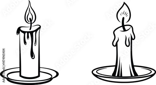 Two burning candles with dripping wax on holders black and white illustration