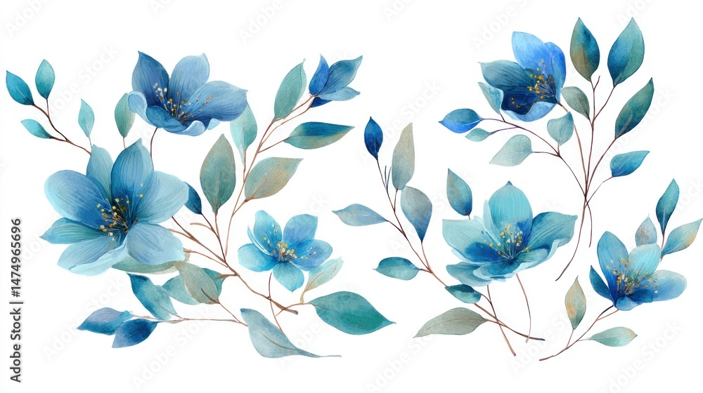 Fototapeta premium Delicate blue floral design elements