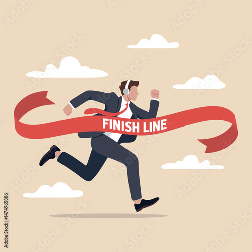 Flat vector of a focused businessman in a suit and headphones running toward a red finish line ribbon. Concept of dedication, goal setting, and personal achievement.