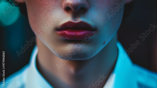 Poetic Portrait: A close-up of a person's face, focusing on the sensuous lips and chin, captured with soft lighting, evoking a mood of introspection and allure.