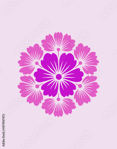 Flower vector illustration featuring pink blossoms in a circular arrangement showcasing floral design. Modern botanical poster.