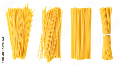 Different arrangements of spaghetti creating culinary textures on transparent background