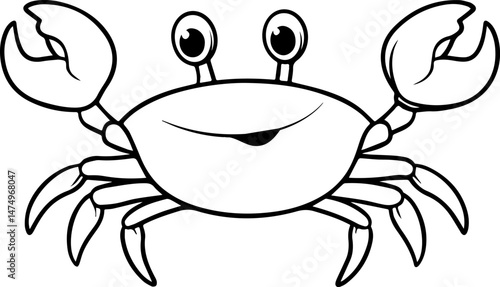 Fun illustration of a cheerful crab with big eyes and wide claws, perfect for coloring page and children's art projects by the seaside