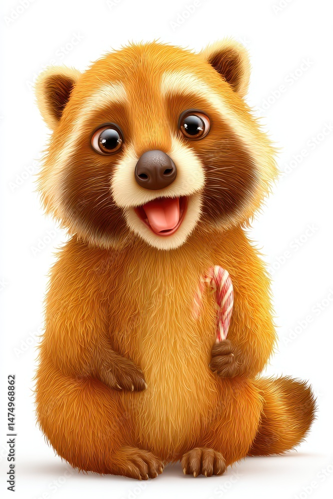 Obraz premium Cheerful Cartoon Raccoon with Candy Cane on White Background