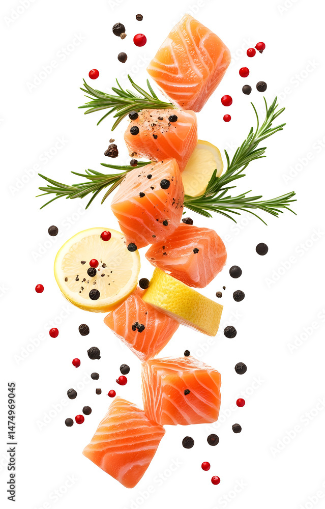 fresh raw salmon cubes, flying with lemon slices, rosemary sprigs, black and pink peppercorns, isolated on white background
