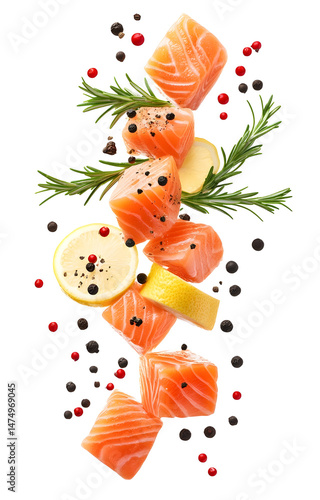 Obraz na płótnie fresh raw salmon cubes, flying with lemon slices, rosemary sprigs, black and pink peppercorns, isolated on white background w salonie