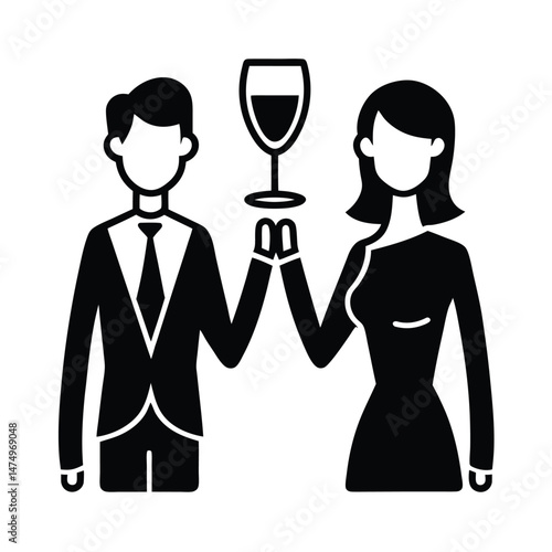 Elegant couple holding wine glass celebrating a special occasion in modern black and white style