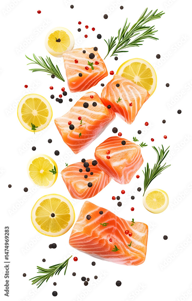 fresh raw salmon cubes, flying with lemon slices, rosemary sprigs, black and pink peppercorns, isolated on white background