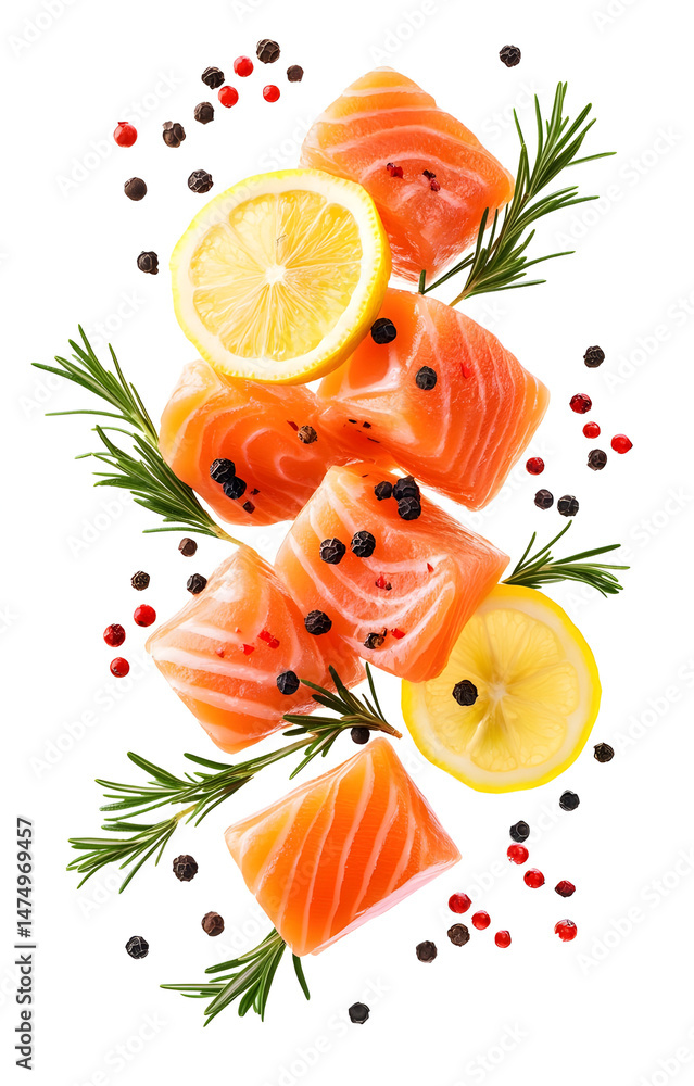 fresh raw salmon cubes, flying with lemon slices, rosemary sprigs, black and pink peppercorns, isolated on white background