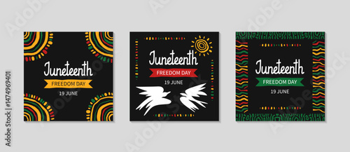 Juneteenth celebration cards set. Greeting square post background for Social media. Simple background with abstract geometric ornament, birds of freedom, African pattern. Vector flat illustration.