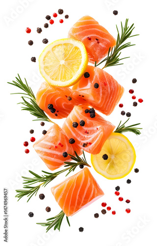 Obraz na płótnie fresh raw salmon cubes, flying with lemon slices, rosemary sprigs, black and pink peppercorns, isolated on white background w salonie
