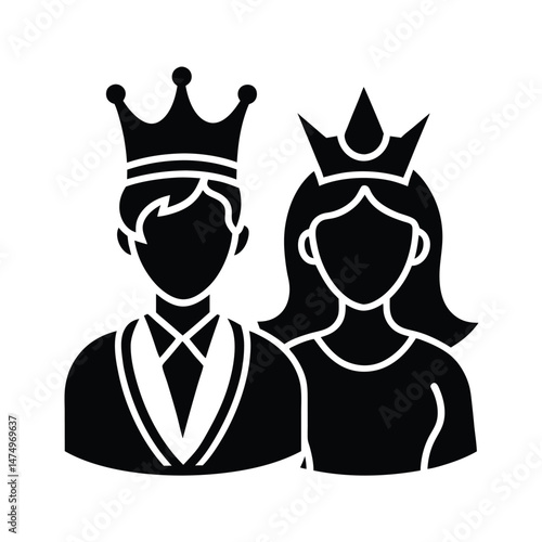 A simple silhouette illustration of a king and queen wearing crowns symbolizing royalty and monarchy