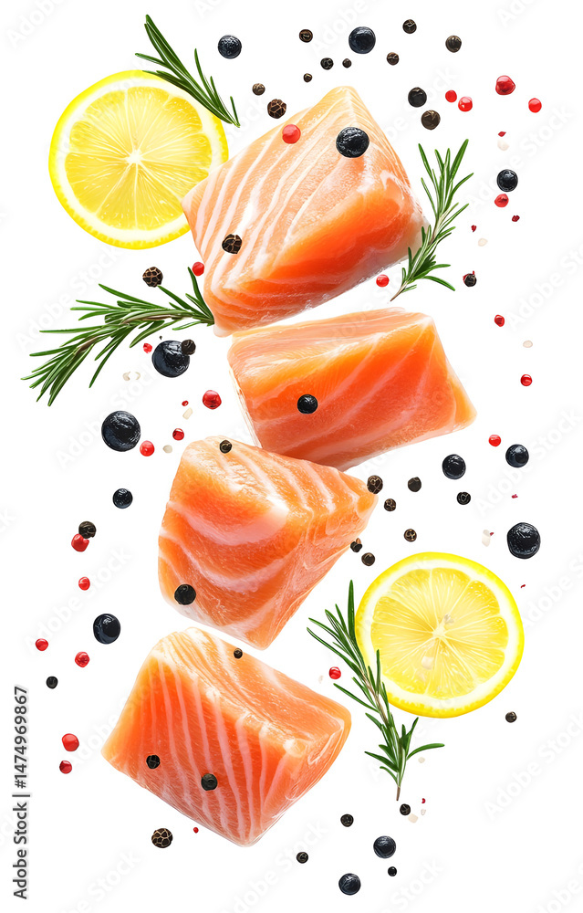 fresh raw salmon cubes, flying with lemon slices, rosemary sprigs, black and pink peppercorns, isolated on white background