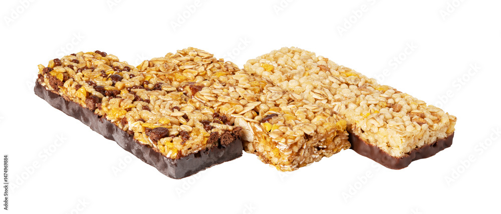 Three cereal bars with chocolate bottom isolated on transparent background Three cereal bars with chocolate bottom isolated on transparent background