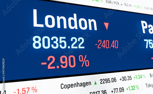 Falling stock market in London, United Kingdom. British share prices moving down. Risk, trading, crash, recession, bear market. 3D illustration