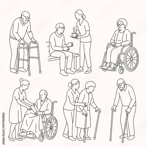 Nurses, doctors, social workers helping, supporting elderly people. Help, support for elderly people in hospital and nursing home. linear vector illustration