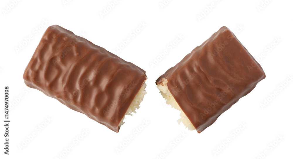 Broken chocolate bar with coconut filling on transparent background Broken chocolate bar with coconut filling on transparent background