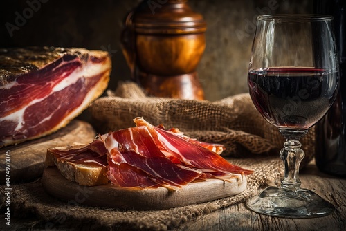 Close-up of sliced cured ham with red wine, showcasing a gourmet food pairing concept.