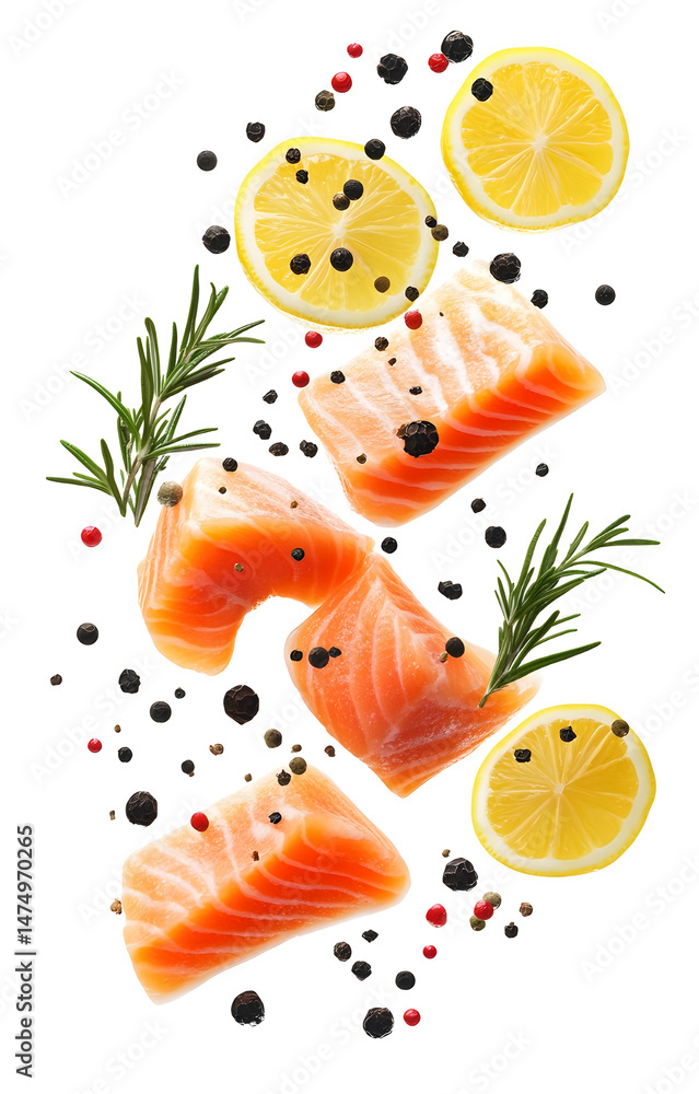fresh raw salmon cubes, flying with lemon slices, rosemary sprigs, black and pink peppercorns, isolated on white background