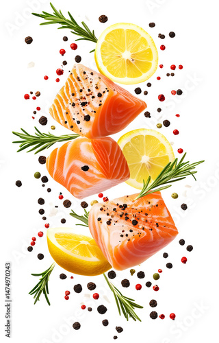 fresh raw salmon cubes, flying with lemon slices, rosemary sprigs, black and pink peppercorns, isolated on white background