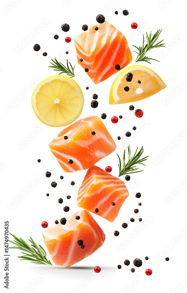 fresh raw salmon cubes, flying with lemon slices, rosemary sprigs, black and pink peppercorns, isolated on white background