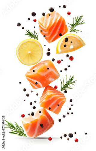 Obraz na płótnie fresh raw salmon cubes, flying with lemon slices, rosemary sprigs, black and pink peppercorns, isolated on white background w salonie