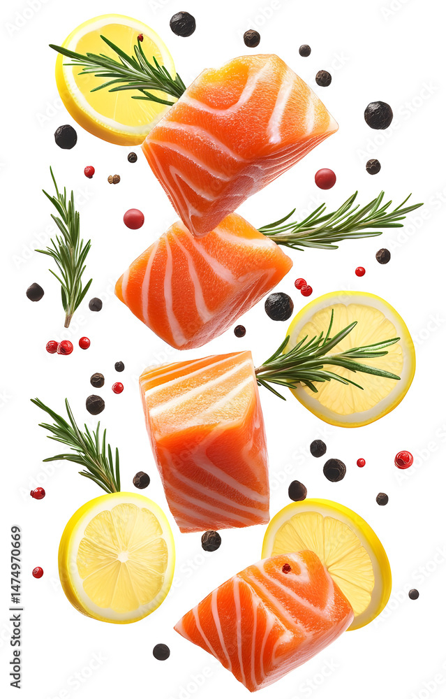 fresh raw salmon cubes, flying with lemon slices, rosemary sprigs, black and pink peppercorns, isolated on white background