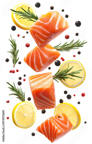 Obraz na płótnie fresh raw salmon cubes, flying with lemon slices, rosemary sprigs, black and pink peppercorns, isolated on white background w salonie
