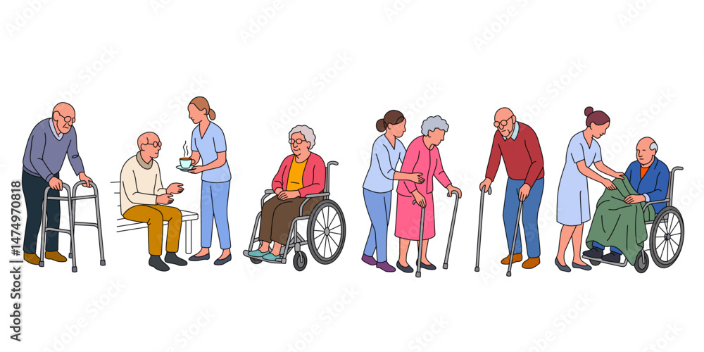 Fototapeta premium Nurses, doctors, social workers helping, supporting elderly people. Help, support for elderly people in hospital and nursing home. linear vector illustration