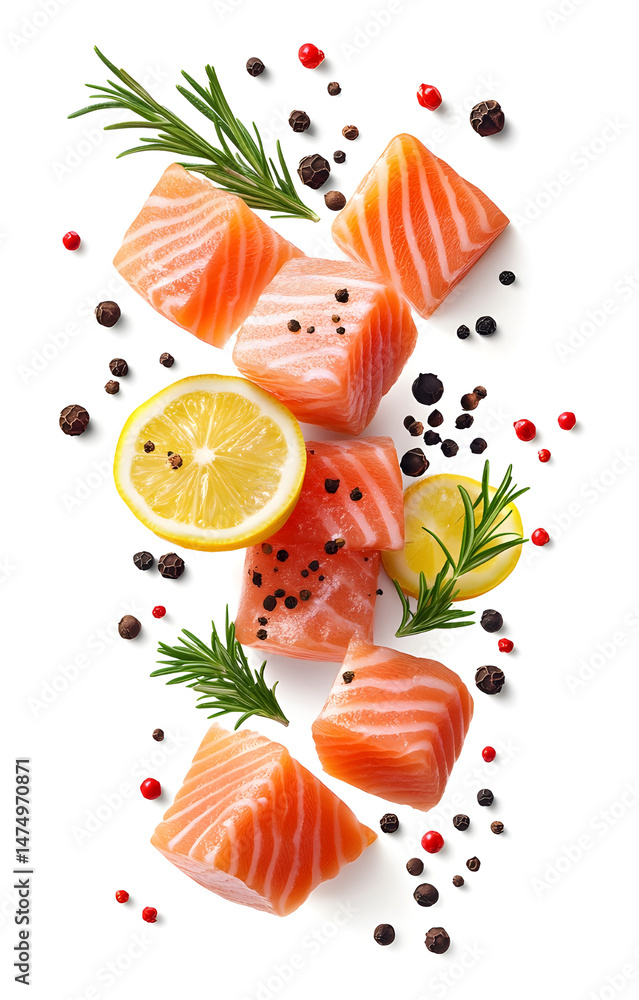 fresh raw salmon cubes, flying with lemon slices, rosemary sprigs, black and pink peppercorns, isolated on white background