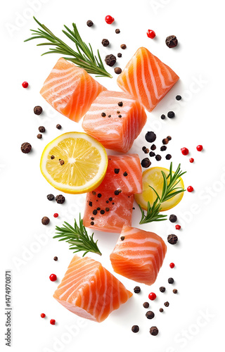 Obraz na płótnie fresh raw salmon cubes, flying with lemon slices, rosemary sprigs, black and pink peppercorns, isolated on white background w salonie