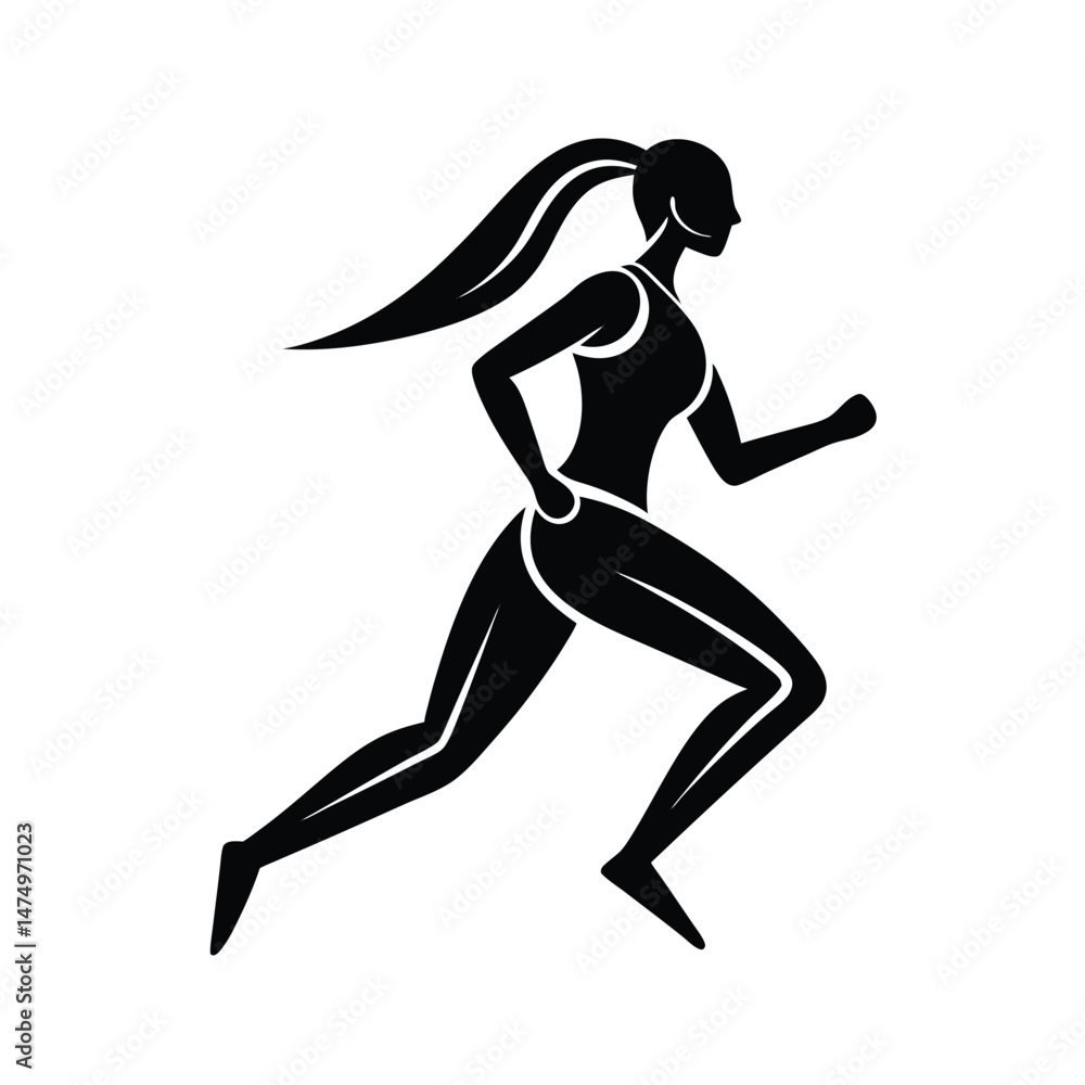 Naklejka premium Silhouette of a dynamic female runner with ponytail in motion representing fitness and exercise activities
