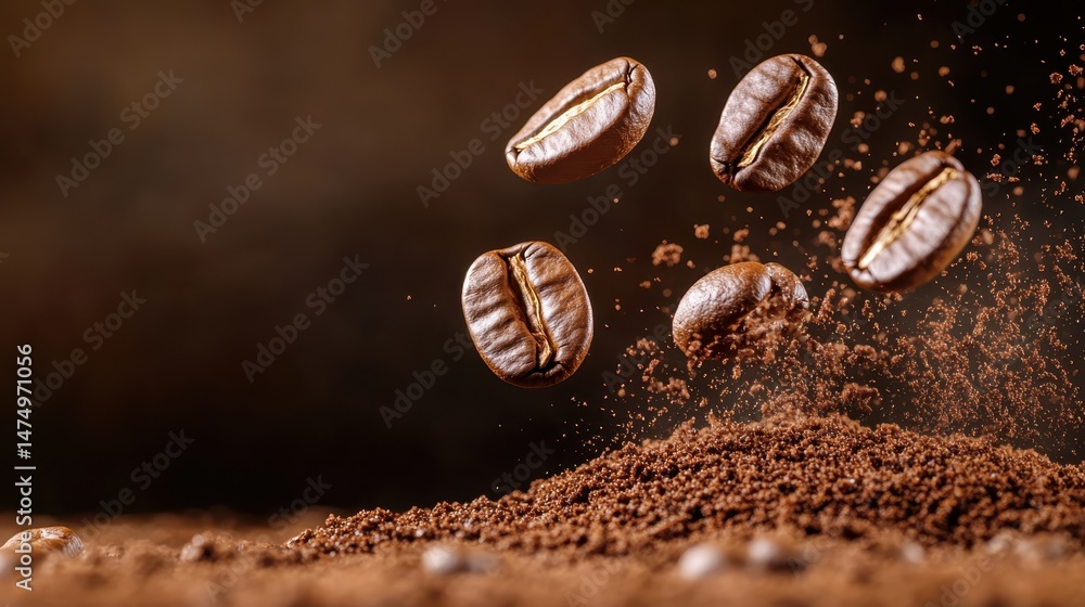 An artistic image featuring coffee beans suspended mid-air above a pile of ground coffee, encapsulating the rich aroma and energy coffee brings to daily life. An artistic image featuring coffee beans suspended mid-air above a pile of ground coffee, encapsulating the rich aroma and energy coffee brings to daily life.
