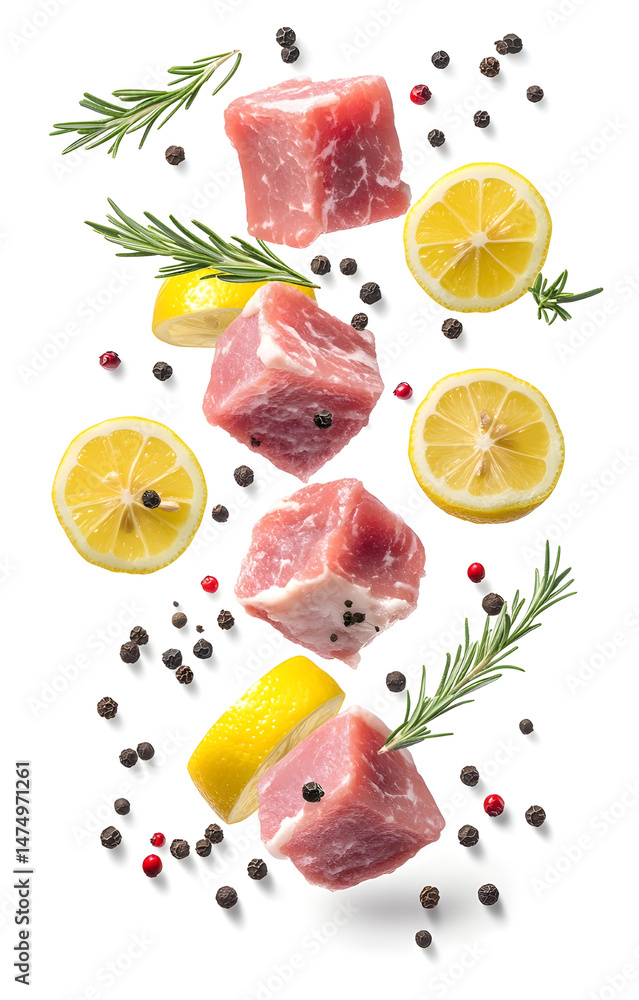fresh raw meat cubes, flying with lemon slices, rosemary sprigs, black and pink peppercorns, isolated on white background