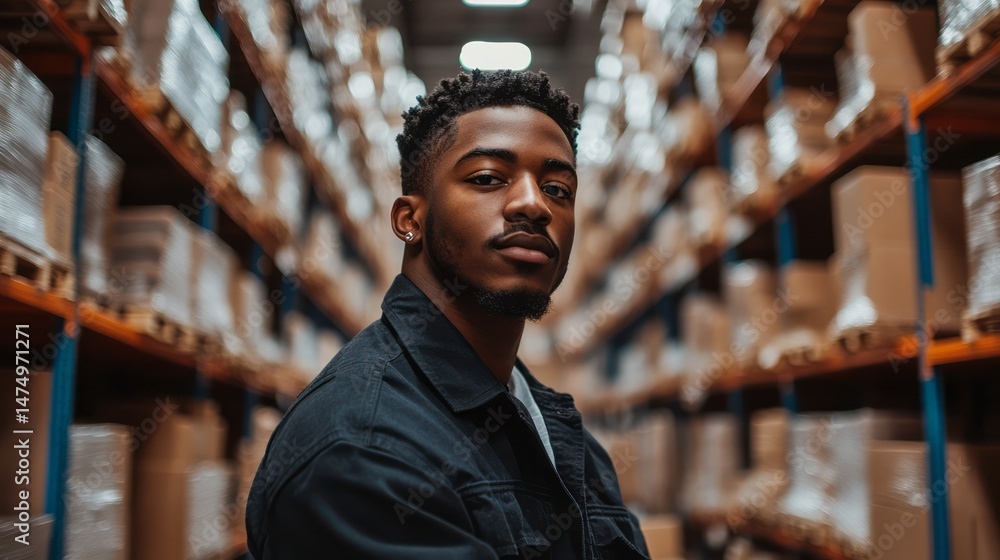 A focused portrait of a young man in a warehouse setting. A focused portrait of a young man in a warehouse setting.