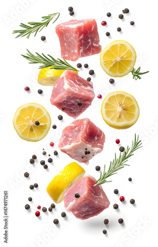 Obraz na płótnie fresh raw meat cubes, flying with lemon slices, rosemary sprigs, black and pink peppercorns, isolated on white background w salonie