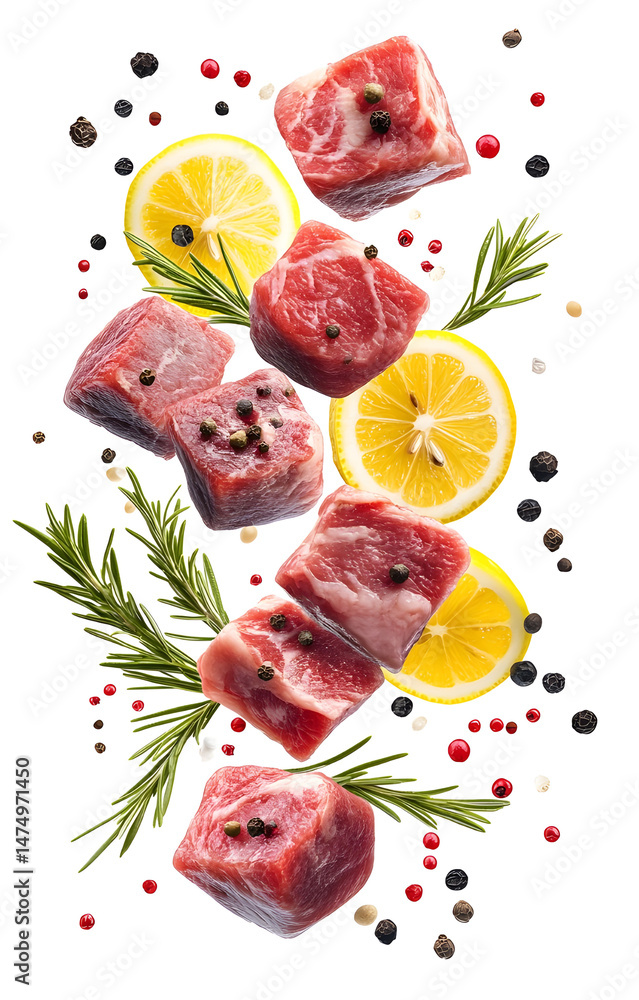 fresh raw meat cubes, flying with lemon slices, rosemary sprigs, black and pink peppercorns, isolated on white background