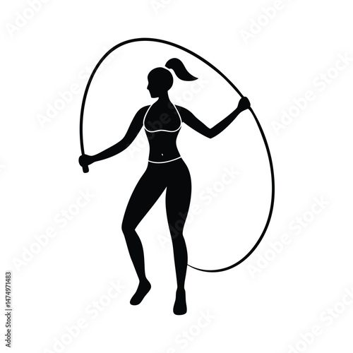 Black silhouette of a woman skipping rope during a workout depicting fitness and healthy lifestyle activities.