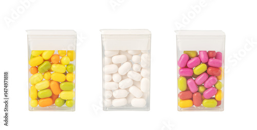 Colorful tic tacs in transparent boxes on transparent background