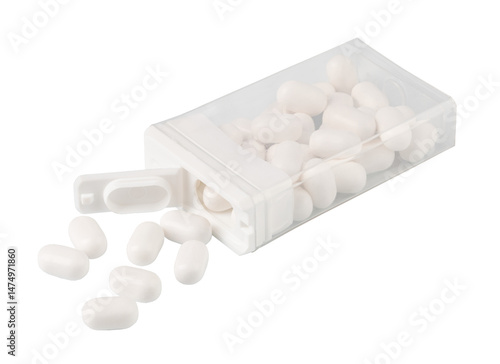 Pocket box dispensing tic tac mints on transparent background