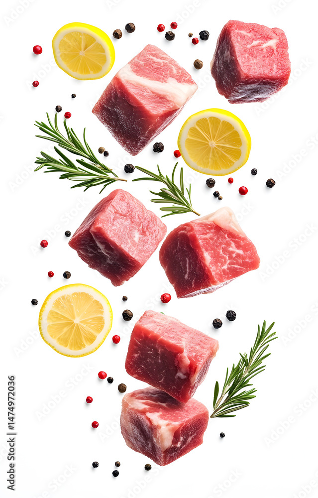 fresh raw meat cubes, flying with lemon slices, rosemary sprigs, black and pink peppercorns, isolated on white background