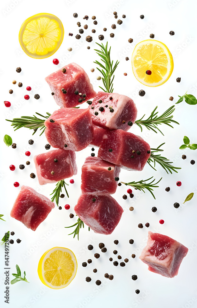 fresh raw meat cubes, flying with lemon slices, rosemary sprigs, black and pink peppercorns, isolated on white background