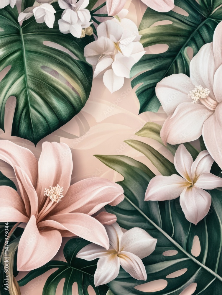 Obraz premium Tropical floral arrangement with monstera leaves and frangipani flowers in soft pastel colors botanical illustration