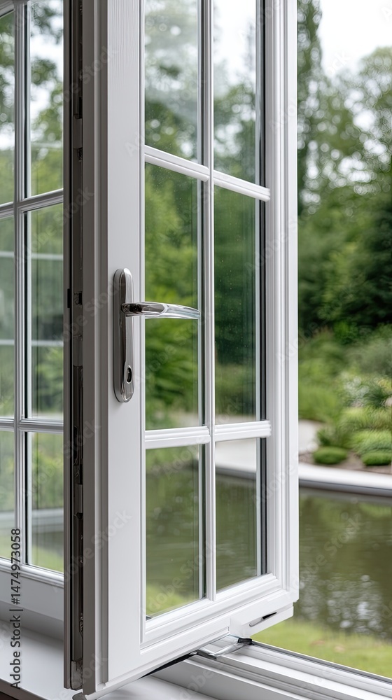 Fototapeta premium Sunlight pours through open French doors, showcasing a lush garden filled with greenery and inviting outdoor space