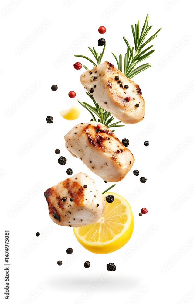 fresh grilled chicken cubes, flying with lemon slices, rosemary sprigs, black and pink peppercorns, isolated on white background