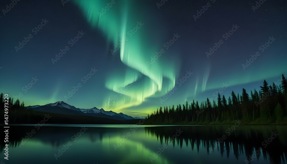 The aurora borealis illuminates the night sky over a tranquil lake reflecting its beauty. The aurora borealis illuminates the night sky over a tranquil lake reflecting its beauty.