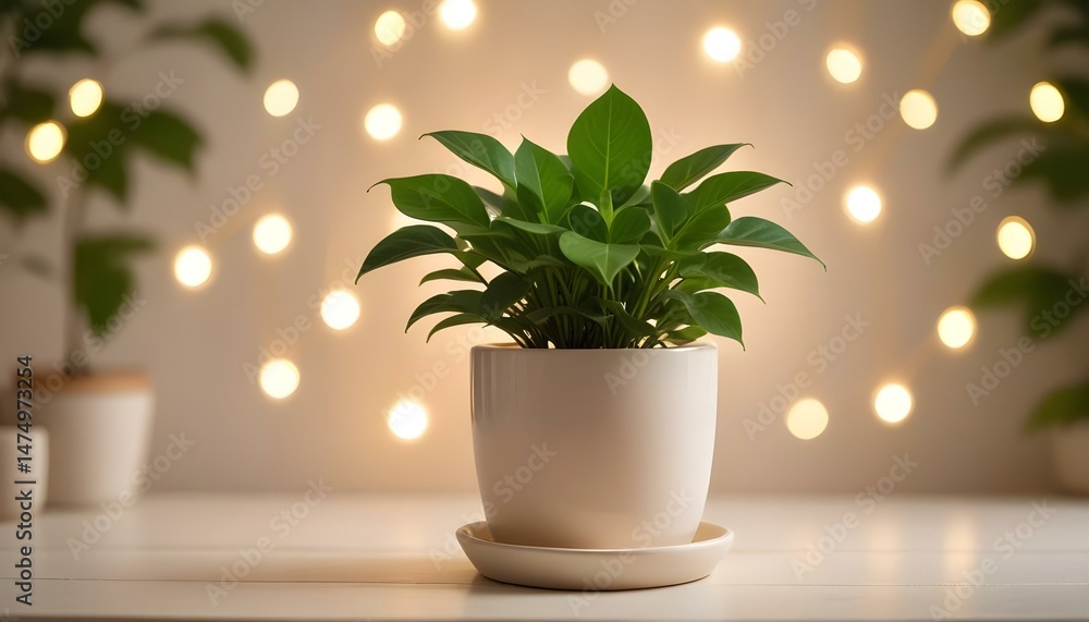 A lush green houseplant in a simple white pot, against a backdrop of soft, glowing fairy lights. A lush green houseplant in a simple white pot, against a backdrop of soft, glowing fairy lights.