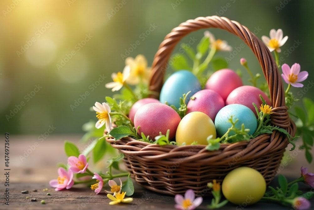 Naklejka premium Colorful Easter eggs nestled in a spring basket with blooming flowers , eggs, blooming, daffodils