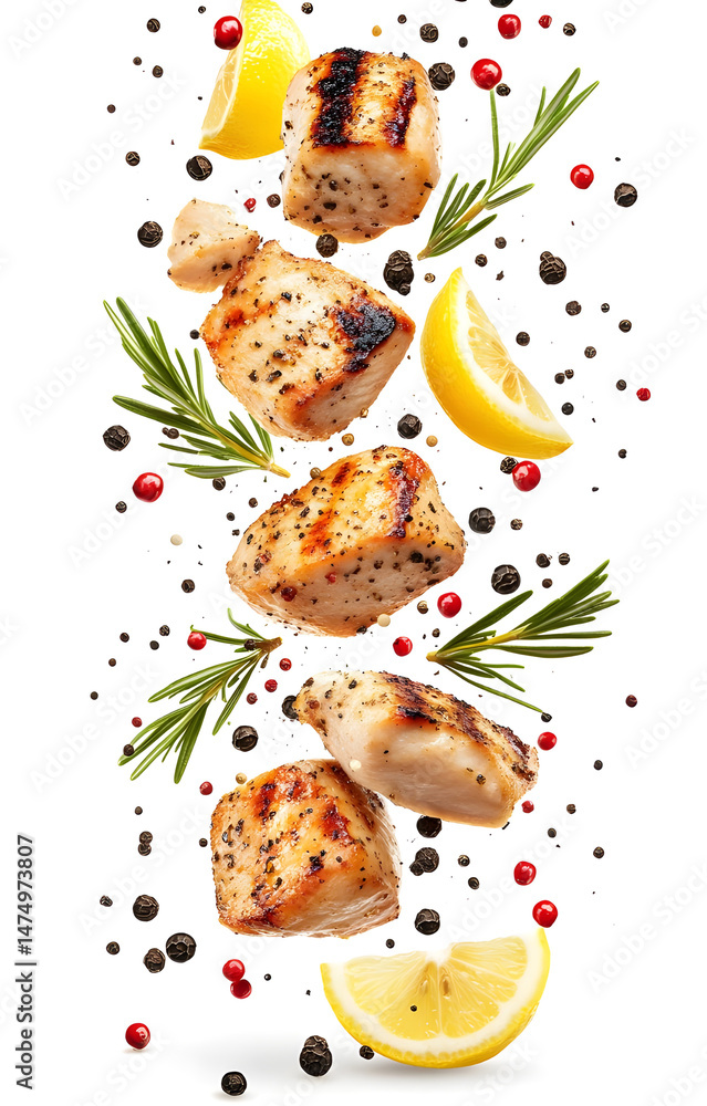 fresh grilled chicken cubes, flying with lemon slices, rosemary sprigs, black and pink peppercorns, isolated on white background